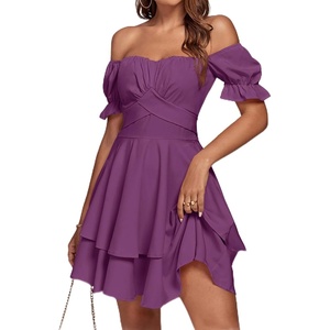 image:imageLYANER Womens Off Shoulder Casual Dress  Summer Tie Back Wrap Layer Ruffle A Line Short Sleeve Party Elegant Mini DressesSolid Purple