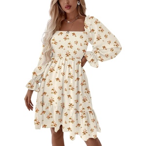 image:imageLYANER Womens Shirred Party Mini Dress  Square Neck Lantern Long Sleeve Ruffle A Line Flowy Casual Short DressesChampagne Floral Print