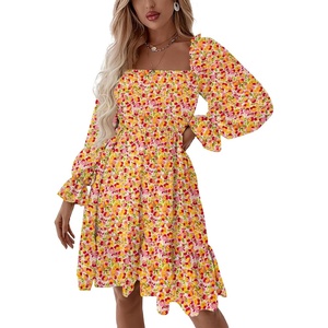 image:imageLYANER Womens Shirred Party Mini Dress  Square Neck Lantern Long Sleeve Ruffle A Line Flowy Casual Short DressesPink Floral Print