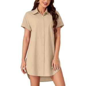 image:imageLYANER Womens Shirt Dress Collar Neck Short Sleeve Button Down Blouse DressKhaki