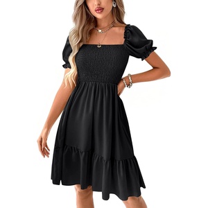 image:imageLYANER Womens Smocked Casual Mini Dress  Square Neck Puff Short Sleeve Ruched Tiered Ruffle Flowy A Line Wedding Guest Short DressesBlack