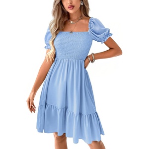 image:imageLYANER Womens Smocked Casual Mini Dress  Square Neck Puff Short Sleeve Ruched Tiered Ruffle Flowy A Line Wedding Guest Short DressesBlue