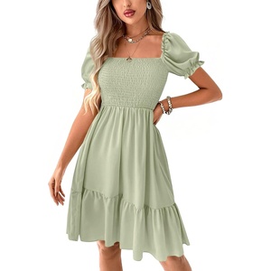 image:imageLYANER Womens Smocked Casual Mini Dress  Square Neck Puff Short Sleeve Ruched Tiered Ruffle Flowy A Line Wedding Guest Short DressesLight Green