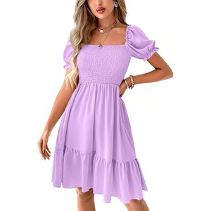 image:imageLYANER Womens Smocked Casual Mini Dress  Square Neck Puff Short Sleeve Ruched Tiered Ruffle Flowy A Line Wedding Guest Short DressesLight Purple