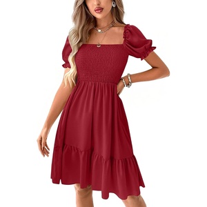 image:imageLYANER Womens Smocked Casual Mini Dress  Square Neck Puff Short Sleeve Ruched Tiered Ruffle Flowy A Line Wedding Guest Short DressesWine Red