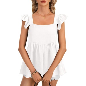 image:imageLYANER Womens Summer Sleeveless Peplum Blouse Square Neck Ruffle Strap Babydoll Tank TopWhite