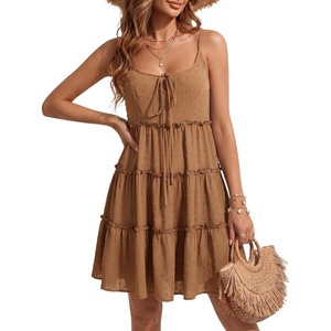 image:imageLYANER Womens Swiss Dot Spaghetti Strap Tie Smocked Tiered Flowy Beach Vacation Mini SundressLight Brown