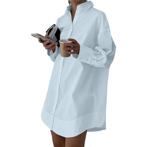 image:imageLYANER Womens V Neck Casual Shirt Dress  Collar Button Down Loose Long Sleeve Mini DressesBaby Blue