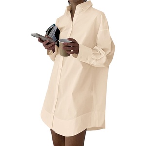 image:imageLYANER Womens V Neck Casual Shirt Dress  Collar Button Down Loose Long Sleeve Mini DressesBeige