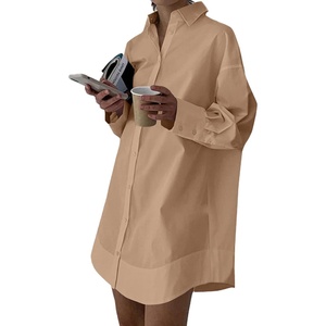 image:imageLYANER Womens V Neck Casual Shirt Dress  Collar Button Down Loose Long Sleeve Mini DressesLight Pure Dark Khaki