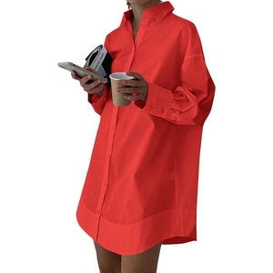image:imageLYANER Womens V Neck Casual Shirt Dress  Collar Button Down Loose Long Sleeve Mini DressesSolid Red