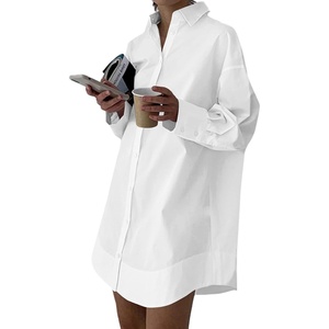 image:imageLYANER Womens V Neck Casual Shirt Dress  Collar Button Down Loose Long Sleeve Mini DressesWhite