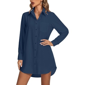 image:imageLYANER Womens V Neck Dressy Shirt Dress  Collar Button Down Long Sleeve Split Hem Casual Blouse Tunic DressesPure Navy Blue