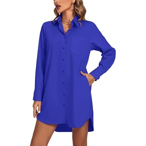 image:imageLYANER Womens V Neck Dressy Shirt Dress  Collar Button Down Long Sleeve Split Hem Casual Blouse Tunic DressesPure Royal Blue