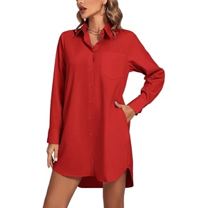 image:imageLYANER Womens V Neck Dressy Shirt Dress  Collar Button Down Long Sleeve Split Hem Casual Blouse Tunic DressesRed