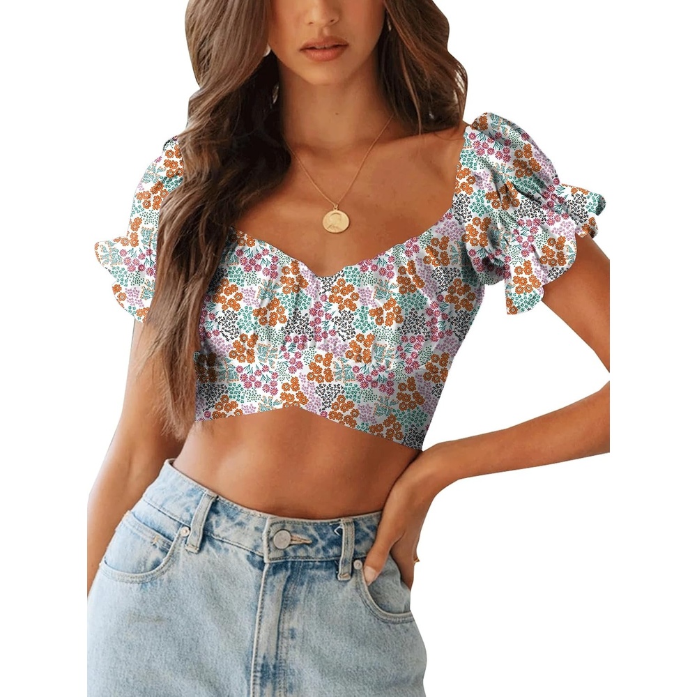 image:imageLYANER Womens Puff Short Sleeve Y2k Crop Top  Summer Ruffle Off The Shoulder Tie Back Cute Cropped Blouse ShirtsFloral Multicolored