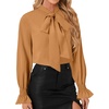 image:imageLYANER Womens Bow Tie Neck Business Work Blouse  Ruffle Long Sleeve Dressy Office Shirt TopCamel