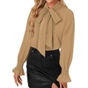 image:imageLYANER Womens Bow Tie Neck Business Work Blouse  Ruffle Long Sleeve Dressy Office Shirt TopSolid Khaki