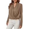 image:imageLYANER Womens Casual V Neck Cross Wrap Long Sleeve Solid Blouse Shirt TopLight Brown