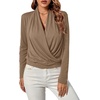 image:imageLYANER Womens Casual V Neck Cross Wrap Long Sleeve Solid Blouse Shirt TopLight Brown