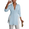 image:imageLYANER Womens Collared Deep V Neck Sexy Tops  Summer Button Down Long Sleeve Slit Hem Long Blouse ShirtsAzure