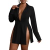 image:imageLYANER Womens Collared Deep V Neck Sexy Tops  Summer Button Down Long Sleeve Slit Hem Long Blouse ShirtsBlack