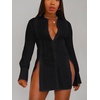 image:imageLYANER Womens Collared Deep V Neck Sexy Tops  Summer Button Down Long Sleeve Slit Hem Long Blouse ShirtsBlack