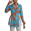 image:imageLYANER Womens Collared Deep V Neck Sexy Tops  Summer Button Down Long Sleeve Slit Hem Long Blouse ShirtsBlue Flower