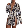 image:imageLYANER Womens Collared Deep V Neck Sexy Tops  Summer Button Down Long Sleeve Slit Hem Long Blouse ShirtsBlue Moire