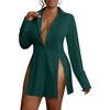 image:imageLYANER Womens Collared Deep V Neck Sexy Tops  Summer Button Down Long Sleeve Slit Hem Long Blouse ShirtsDark Green