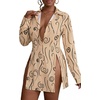 image:imageLYANER Womens Collared Deep V Neck Sexy Tops  Summer Button Down Long Sleeve Slit Hem Long Blouse ShirtsDotted Line Khaki