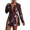 image:imageLYANER Womens Collared Deep V Neck Sexy Tops  Summer Button Down Long Sleeve Slit Hem Long Blouse ShirtsFlower Black