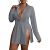 image:imageLYANER Womens Collared Deep V Neck Sexy Tops  Summer Button Down Long Sleeve Slit Hem Long Blouse ShirtsGray
