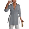 image:imageLYANER Womens Collared Deep V Neck Sexy Tops  Summer Button Down Long Sleeve Slit Hem Long Blouse ShirtsGray
