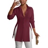 image:imageLYANER Womens Collared Deep V Neck Sexy Tops  Summer Button Down Long Sleeve Slit Hem Long Blouse ShirtsLight Wine