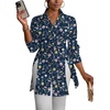 image:imageLYANER Womens Collared Deep V Neck Sexy Tops  Summer Button Down Long Sleeve Slit Hem Long Blouse ShirtsNavy Blue Print