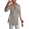image:imageLYANER Womens Collared Deep V Neck Sexy Tops  Summer Button Down Long Sleeve Slit Hem Long Blouse ShirtsOff White Stirped