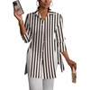 image:imageLYANER Womens Collared Deep V Neck Sexy Tops  Summer Button Down Long Sleeve Slit Hem Long Blouse ShirtsOff White Stirped