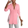 image:imageLYANER Womens Collared Deep V Neck Sexy Tops  Summer Button Down Long Sleeve Slit Hem Long Blouse ShirtsPink
