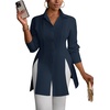 image:imageLYANER Womens Collared Deep V Neck Sexy Tops  Summer Button Down Long Sleeve Slit Hem Long Blouse ShirtsPure Navy Blue