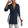 image:imageLYANER Womens Collared Deep V Neck Sexy Tops  Summer Button Down Long Sleeve Slit Hem Long Blouse ShirtsPure Navy Blue
