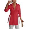 image:imageLYANER Womens Collared Deep V Neck Sexy Tops  Summer Button Down Long Sleeve Slit Hem Long Blouse ShirtsPure Red