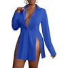 image:imageLYANER Womens Collared Deep V Neck Sexy Tops  Summer Button Down Long Sleeve Slit Hem Long Blouse ShirtsRoyal Blue