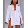 image:imageLYANER Womens Collared Deep V Neck Sexy Tops  Summer Button Down Long Sleeve Slit Hem Long Blouse ShirtsWhite