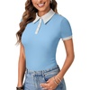 image:imageLYANER Womens Collared Neck Casual Polo Shirts  Color Block Button Down V Neck Short Sleeve Slim Fitted Work Business Basic Going Out Blouse TopsBlue