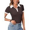 image:imageLYANER Womens Collared Neck Casual Polo Shirts  Color Block Button Down V Neck Short Sleeve Slim Fitted Work Business Basic Going Out Blouse TopsChocolate
