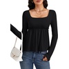 image:imageLYANER Womens Frill Square Neck Casual Peplum Top  Long Sleeve Ruched Ruffle A Line Dressy Babydoll Blouse ShirtsBlack