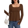 image:imageLYANER Womens Frill Square Neck Casual Peplum Top  Long Sleeve Ruched Ruffle A Line Dressy Babydoll Blouse ShirtsDeep Brown