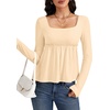 image:imageLYANER Womens Frill Square Neck Casual Peplum Top  Long Sleeve Ruched Ruffle A Line Dressy Babydoll Blouse ShirtsLight Apricot
