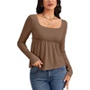 image:imageLYANER Womens Frill Square Neck Casual Peplum Top  Long Sleeve Ruched Ruffle A Line Dressy Babydoll Blouse ShirtsSolid Brown